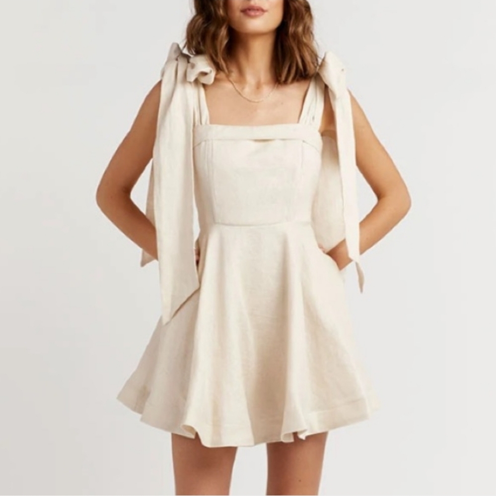 DISSH Aisle Pearl Linen Bow Tie Mini Dress Beige 12 - Picture 11 of 11